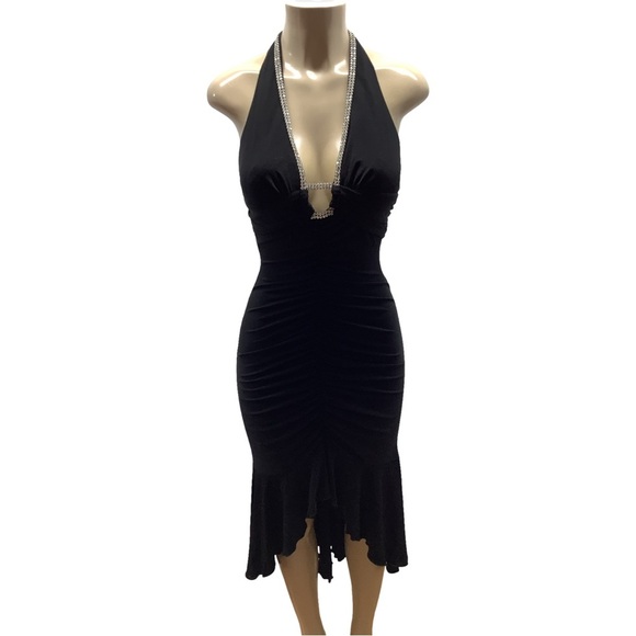 Roberta Size Small VINTAGE 1990s Black Rhinestone Ruched Formal Dress. - Picture 2 of 9